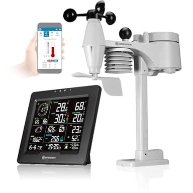 Bresser WLAN Wetterstation 8-in-1 mit Außensensor, WBGT-Hitzestress-Index, UV, Regen, Wind, Licht, WLAN, App-Steuerung, Raumklima, Wecker, Frostwarnung, schwarz