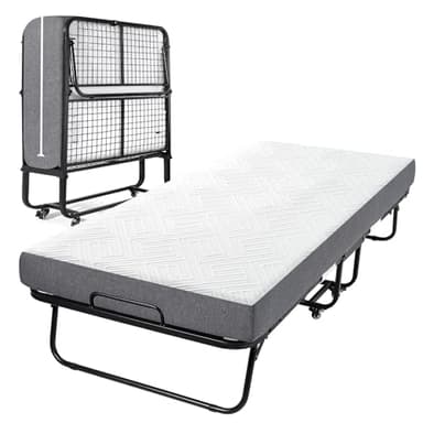 Gunuss Klappbett (inkl. 13 cm Dicker Memoryschaum-Matratze), Klappbares Gästebett, Erwachsene 90 x 200 cm, Metallklapprahmen, Verstärktes Metallgitter, Belastbarkeit 250 kg