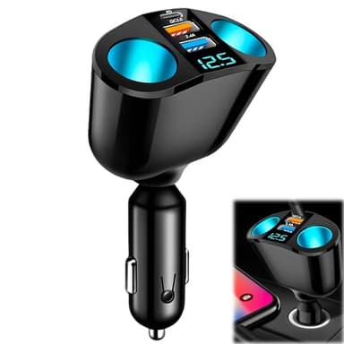 USB C Auto Ladegerät Zigarettenanzünder Verteiler Adapter 12V/24V KFZ Schnellladegerät,2 Fach Autoladegerät Steckdose 120W DC Splitter mit LED Voltmeter,Typ-C + USB Anschlüssen für Handy Tablet i Pad