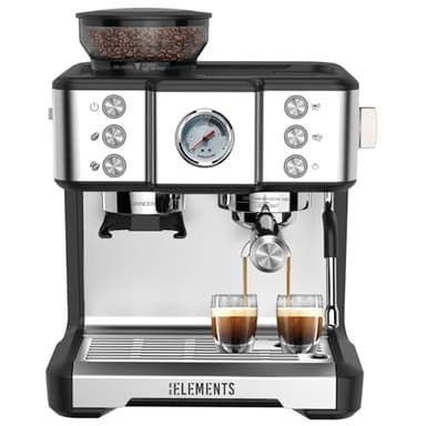 KB ELEMENTS Siebträgermaschine mit integriertem Mahlwerk - Espressomaschine, 20 bar Espressomaschine, professioneller Mahlwerk, 2,6 L Wassertank, 58-mm-Extraktionskopf,Silber