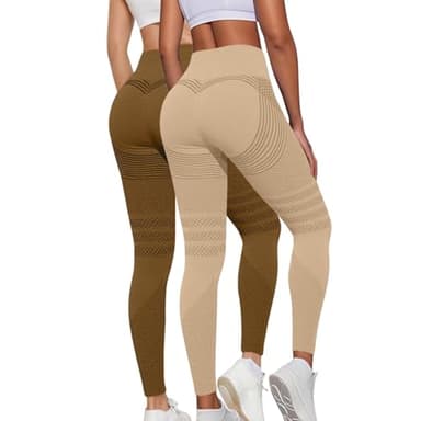 3D Anti Cellulite Leggings Damen High Waist Elastische Sporthose Lang Blickdicht Kompressions Yogahose, Po Push-up Hose, Shape Fitness Hose für Gym Sport Yoga Beige+Kaffee S