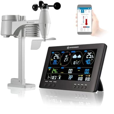 Bresser 7002586 Wetterstation Funk mit Aussensensor ClearView Wettercenter mit WLAN und 7-in-1 Profi-Sensor für Wind, Luftfeuchtigkeit, Temperatur, Niederschlag, UV-Level und Lichtintensität, Schwarz