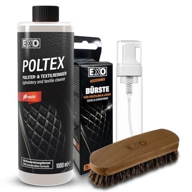 EXO® Polsterreiniger Set (1 Liter) mit 200 ml Foamer und Bürste |POLTEX Textil- und Polsterreiniger für Teppiche, Autositze, Polstermöbel, Leder | pH-neutraler Innenreiniger