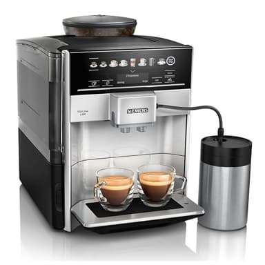 Siemens Kaffeevollautomat EQ.6 plus s300 TE653501DE, für viele Kaffeespezialitäten, Milch-Aufschäumdüse, Keramikmahlwerk, Doppeltassenfunktion, Antikalk, automatische Dampfreinigung, 1500 W, silber