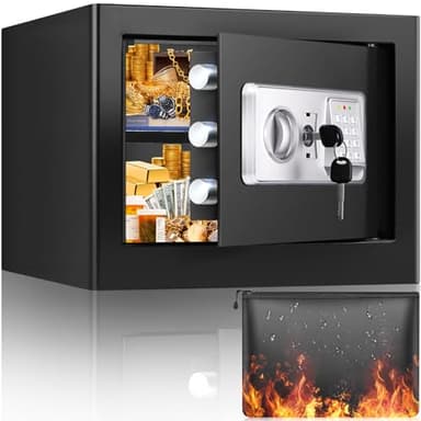 25L Safe Tresor Feuerfest mit Feuerfester Wasserdichter Geldtasche, Digitaler Tresor Klein mit Herausnehmbares Regal und Alarmanlage, Wandtresor Möbeltresor für Schmuck Bargeld Medikamente Dokumente