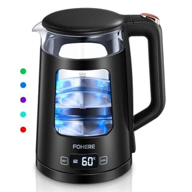 Elektrischer Wasserkocher mit Temperatureinstellung,1.7L Glas Wasserkocher mit Warmhaltefunktion, 2200W Schnelles Koche, Automatische Abschaltung & Trockengehschutz, mit 5 Farbigen Lichtern