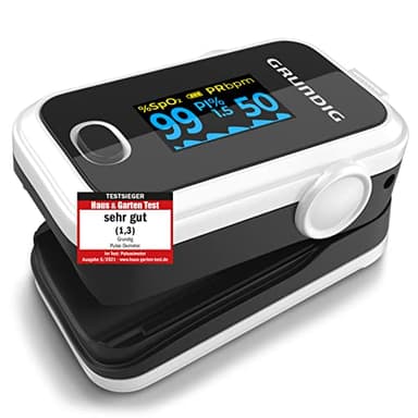 GRUNDIG Pulsoximeter Sauerstoffsättigung Oximeter TESTSIEGER - Hochpräzises Fingeroximeter Messgerät zur genauen Messung der Sauerstoff Sättigung im Blut - Finger Messgerät Pulsmesser (weiß)