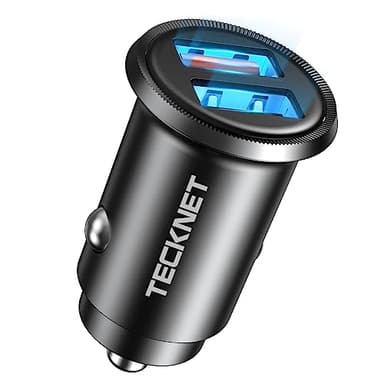TECKNET Zigarettenanzünder USB Auto Ladegerät, Dual QC3.0 Port 36W/6A Schnellladung KFZ Ladegerät, Mini USB Auto Adapter 12V mit LED-Licht, Kompatibel mit iPhone Samsung Huawei und Mehr-Schwar