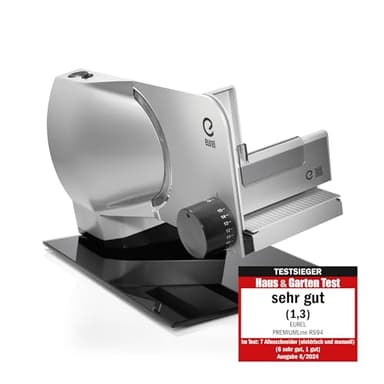 EUREL RS94 Vollmetall Allesschneider Made in EU, Metallschneidfläche, Einstellen der Messergeschwindigkeit, e-blade Edelstahlklinge, Automatische Kabelaufbewahrung, Servier&Aufbewahrungsschale-Set