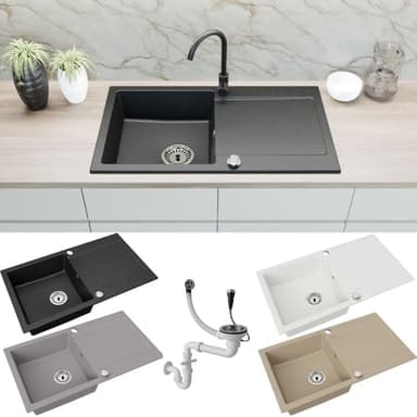 Faizee Home | Granitspüle 90x50 cm – Reversibles Spülbecken mit Abtropffläche inkl. Siphon & Drehexzenter | Kratzfest, hitzebeständig & für 45 cm Unterschränke (Schwarz Gesprenkelt)