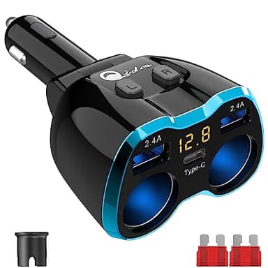 5-in-1 Auto Ladegerät: Zigarettenanzünder Verteiler Adapter Splitter 12V USB C KFZ Stecker 2 Fach Steckdose 12 Volt DC 80W mit LED Voltmeter Schalter Dual USB für Handy GPS Dash Kamera Sitzheizung