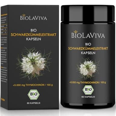 BIO Schwarzkümmelöl Kapseln - 5.000mg Thymochinon/100g - 60 Kapseln vegan im 2-Monats-Vorrat - Lichtschutz MIRON Violettglas - Nigella Sativa Extrakt – laborgeprüft und in Deutschland produziert