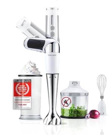 Turmix Stabmixer Kabellos Edelstahl CX 422 - Kabelloses Stabmixer Set mit Mixbecher, Multizerkleinerer, Schwingbesen und Ständer – 1800W Li-Ion Akku für vielseitige Küche