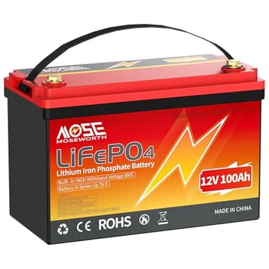 MOSEWORTH 12V 100Ah LiFePO4 Batterie, 1280Wh Lithium Akku mit Verbessertes 100A BMS, 5000-15000 Tiefe Zyklen, Unterstützung in Serie/Parallelschaltung, für Wohnmobil, Solarpanel, Marine, Haushalt