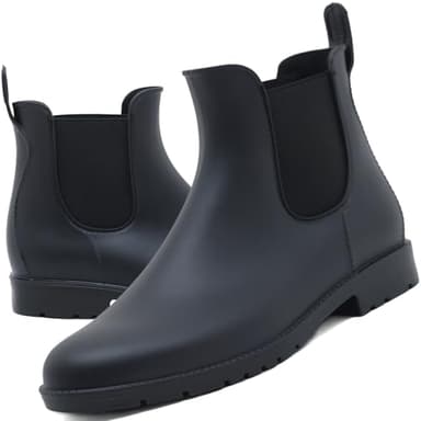Acfoda Gummistiefel Damen Kurzschaft Regenstiefel Wasserdicht Lack Regenschuhe Frauen Gummistiefeletten Ankle Chelsea Boots mit Blockabsatz Schwarz Gr.39