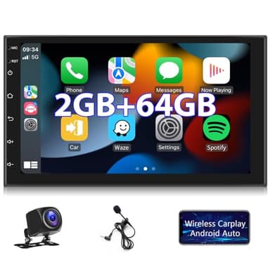 Android Autoradio 2G+64G Wireless Carplay Android Auto Doppel Din Radio mit Navi 7 Zoll Touchscreen Bildschirm GPS Navigation Bluetooth WiFi FM RDS Media-Receiver Rückfahrkamera ISO-Adapterkabel