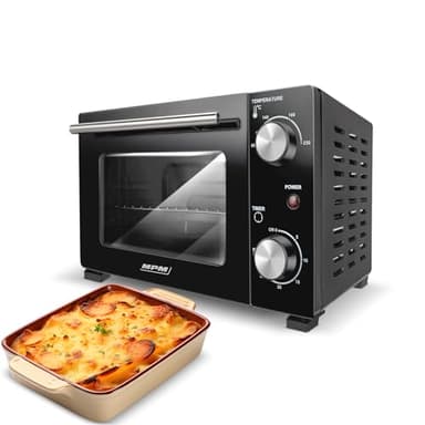 MPM - MPE-13 - Mini-Backofen - Freistehend - 10 L- mit Ober-/ Unterhitze - mit Backblech und Gitter - 4-stufige Temperaturreglung 90-230°C - mit Drehknopf - Pizza-Ofen - Klein - Schwarz