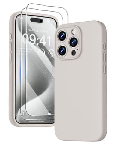 GOODVISH 3 in 1 für iPhone 15 Pro Hülle Liquid Silikon, mit 2 Schutzfolie [Upgraded Kameraschutz] Soft Mikrofaserfutter Handyhülle Kratzfest stoßfeste Schutz Case für iPhone 15 Pro 6.1", StoneGrey