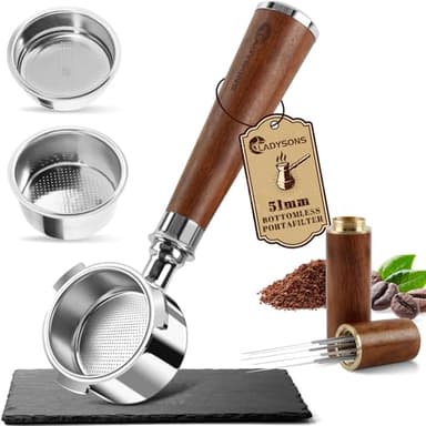 Bodenloser Siebträger 51mm | Siebträger Kompatibel mit DeLonghi Dedica EC680 / EC685 | Kaffeefilter 51mm mit Walnuss Holzgriff, 2 Filterkorb Edelstahl, Espresso Nadel Verteiler | 3 Ears