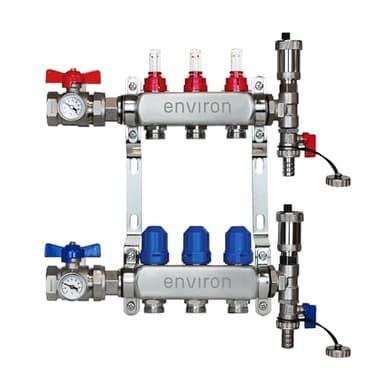 ENVIRON- Heizkreisverteiler [2-12 Heizkreise] mit Kugelhahn Set und Schnellentlüfter Set | Heizung Fußbodenheizung (3 Heizkreisε)