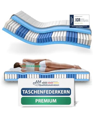 AM Qualitätsmatratzen Hochwertige 7-Zonen Taschenfederkernmatratze 180x200 cm H5-24 cm Premiumhöhe - Tonnentaschenfederkernmatratze 180x200cm - extra fest