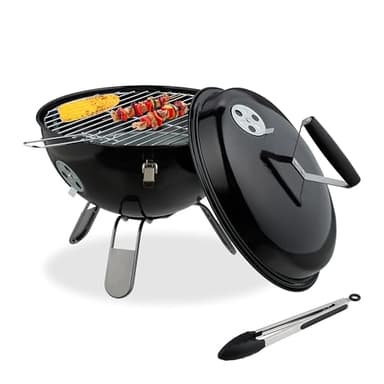Relaxdays Kugelgrill, tragbar, Ø 37 cm, Picknickgrill für Garten & Park, Holzkohlegrill mit Deckel, Rundgrill, schwarz