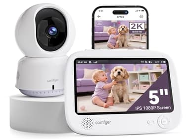 Comfyer 4 Split-Screen Smart Babyphone mit 2K Kamera, 5" HD Display WLAN Kamera Video Babyphone, IR-Nachtsicht, Automatische Verfolgung, Temp Anzeige, Bewegungs/Geräuscherkennung, App Steuern 5050mAh
