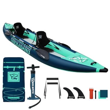TIGERXBANG Kajak Aufblasbar, 2 Personen Kajak 420x90x24cm Drop Stitch Tourenboot für Erwachsene/Kinder Aufblasbar Kanu Set Mit 2 Sitz & Doppelpaddeln Zubehör Mit 205KG Gewicht Kapazität, Türkis