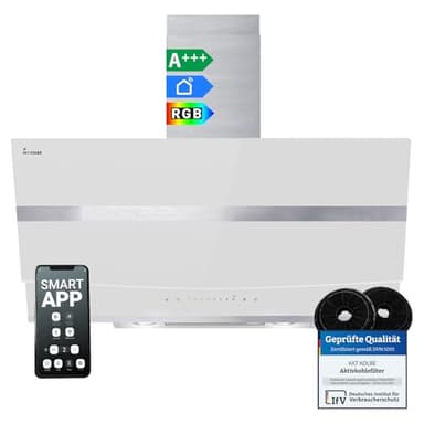 KKT KOLBE A+++ Dunstabzugshaube 90 cm 782 cbm/h Kopffreie Wandhaube Edelstahl weißes Glas WLAN RGBW-LED-Beleuchtung SensorTouch Bedienung HERMES9005WM
