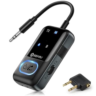 Bluetooth 5.3 Adapter Transmitter Flugzeug, SONRU 2 in 1 Bluetooth Sender Empfänger Sender Klinke AUX 3,5mm Transmitter Receiver Splitter für 2 Kopfhörer, Stereoanlage, Autoradio, TV