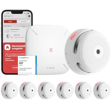 X-Sense Smart Rauchmelder XS01-M mit SBS50 Basisstation, Zertifiziert nach EN 14604, vernetzbare Funkrauchmelder mit WLAN, kompatibel mit der X-Sense Home Security App, weiß, FS61, 6 Stück