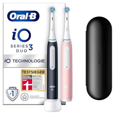 Oral-B iO Series 3 Elektrische Zahnbürste, Electric Toothbrush, Doppelpack, 2 Aufsteckbürsten, 3 Putzmodi für Zahnpflege, Reiseetui, TESTSIEGER Stiftung Warentest (12, 2024), Matt Black, Blush Pink
