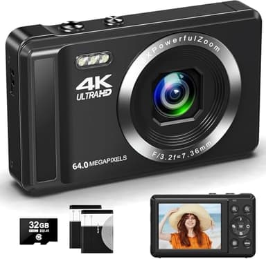 Digitalkamera 4K FHD Vlogging-Kamera, 64 MP Autofokus-Kompaktkamera mit 16-fachem Digitalzoom, wiederaufladbare 2,4-Zoll-Mini-Kinderkamera mit 32 GB Speicherkarte