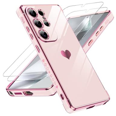 LeYi Handyhülle für Samsung Galaxy S25 Ultra Hülle mit 2*Schutzfolie, Cute Herz Muster TPU Silikon Galvanik Stoßfest Schutzhülle Cover Case, Kameraschutz Kratzfest für Samsung S 25 Ultra Rosa