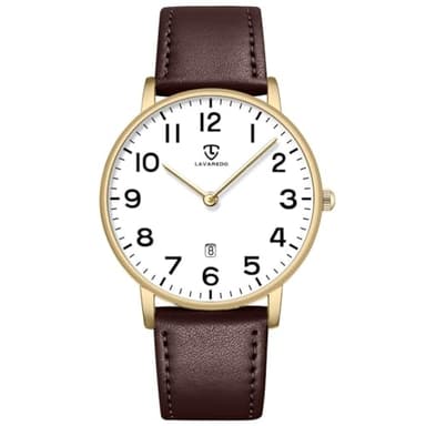 aswan watch Flache Herren Analog Quarz Armbanduhr mit Lederarmband, Datum, 2 Zeiger, 39 mm Gehäusegröße
