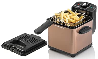 Bestron Öl-Fritteuse, Mini Fritteuse für 1 Portion Pommes, Fisch oder Nuggets, inkl. Kaltzonentechnologie & Temperaturkontrolle bis 190°C, mit Edelstahlkorb, Sichtfenster & Ölfilter, Farbe: Kupfer