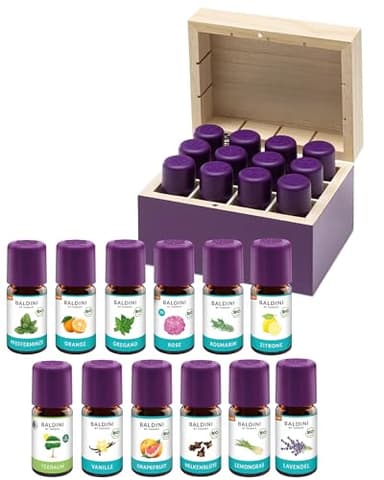 Baldini Ätherische Öle Set 12x5ml - 100% Naturreine Ätherische Öle - Lebensmittelqualität - Vegan - für Speisen, Getränke & Aroma Diffuser - Geschenkset