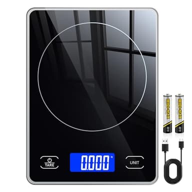 Küchenwaage Digital mit 15 kg Tragkraft, 5 Einheiten in g/ml/fl'oz, Präzise Waage Küche mit Großem Display, Dual Power (USB-C/Batterie), 1g Hochpräzise, Tara, Sicherheitsglas für Backen, Kochen