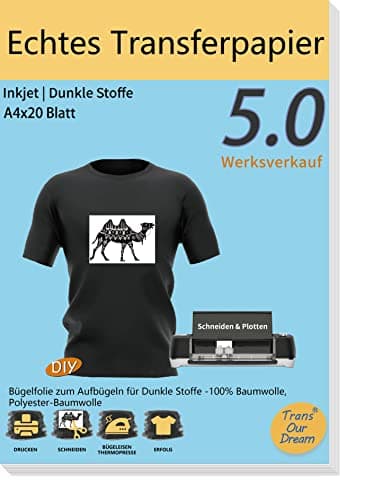 TransOurDream A4X20 Blatt+2 Silikonpapier, Echte Inkjet Transferfolie(Weisse Folie),Bügelfolie für Dunkle Textilien,T-Shirts, T-Shirt Papier für dunkle Stoffe,bedruckbare Transferpapier,transfer paper