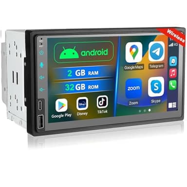 7 Zoll Doppel Din Autoradio mit Wireless CarPlay, Android Auto CarPlay Radio mit Bildschirm, 2+32G Android Autoradio Bluetooth Car-Play Display mit Navi, WiFi, AM/FM/RDS, AUX/SWC, GooglePlay