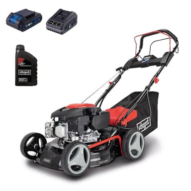 Scheppach Rasenmäher RM420AE | 5in1-3,5PS | Schnittbreite 420mm | 45L Fangkorb | Schnitthöhenverstellung 25-75 mm | inkl. E-Start, Radantrieb, Reinigungsfunktion & Motoröl