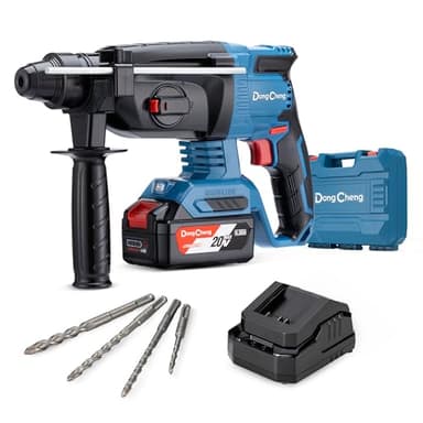 DongCheng Akku Bohrhammer 18V, Schlagenergie 2.8 J, mit 4 Stück SDS-plus, Bohren bis 28 mm, Bürstenloser Bohrhammer Motor, Anti-Vibrationsgriff, inkl. 4Ah Akku und 2A Ladegerät im Handwerkerkoffer