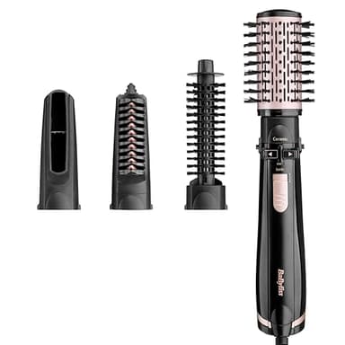 BaByliss Dry, Straighten and Style - Rotierende Warmluftbürste, 1000W Ionen Rundbürstenföhn mit 4 Aufsätzen zum Föhnen, Glätten, Volumen kreieren, Schwarz, AS200E