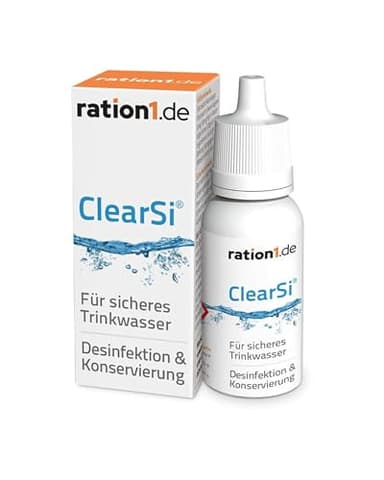ration1 ClearSi Wasseraufbereitung für Trinkwasser, 120L Wasser desinfizieren, 12ml Dosierflasche mit Tropfeneinsatz, Wasserdesinfektion, Trinkwasseraufbereitung für Camping und Outdoor oder Notfall