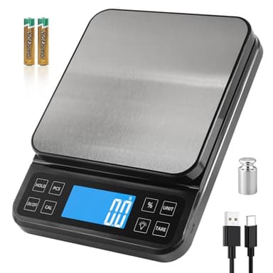 BOMATA 0.1g/5kg Große Digitale Küchenwaage, Hochpräzise Bäckereiwaage mit% Prozentfunktion. USB aufladbar, Wiegeplatte aus rostfreiem Stahl.