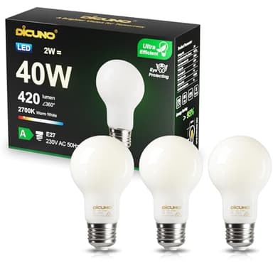 DiCUNO Edison LED Lampe E27, Classic ultraeffiziente Birne, A Label, 2W, Ersatz für 40W Glühbirne, Warmweiß 2700K, 420lm, 360°, Matt, Energieeffizienzklasse A, A60 LED Leuchtmittel, 3er Pack