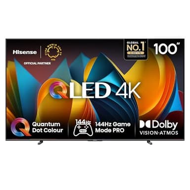 Hisense 100E7NQ 254 cm (100 Zoll) Fernseher, 4K UHD, QLED, HDR10, HDR10+ decoding, HLG, Dolby Vision Atmos, 144Hz VRR, Smooth Motion, Bluetooth, Alexa Built-in, VIDAA Voice, Schwarz [2025]