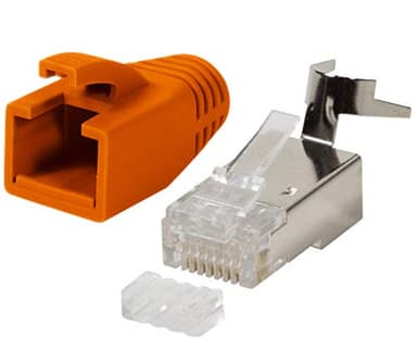 odedo 10x RJ45 Stecker CAT7, CAT6A, CAT8.1 Netzwerkstecker für Installationskabel, Verlegekabel 10GBit AWG 22-24 PoE LAN Crimp Stecker Metall mit Einfädelhilfe und Knickschutz Orange