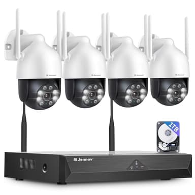 【5MP+360°PTZ】 Jennov Überwachungskamera Set Aussen WLAN, 10CH 5MP NVR und 4Pcs PTZ WiFi Kameras mit Farbe Nachtsicht, 2-Wege Audio, 24/7 Aufnahme, Personenerkennung, Automatische Verfolgung,1TB HDD