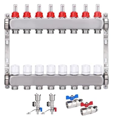 Edelstahl Heizkreisverteiler für Fußbodenheizung [8 Heizkreise, Entlüfter 1/2", 2X Kugelhähne 1"] Verteiler mit Durchflussmesser (0.5-5 L/Min), Anschlüsse für Eurokonus 3/4"